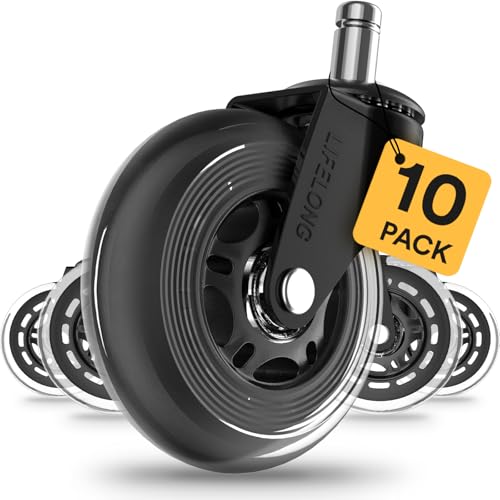 Image of Lifelong Office Chair Wheels Replacement, Heavy Duty, 10 Pack Fits 98% | Original Rubber Caster, Desk Wheels, Smooth & Quiet, Safe for Hardwood Floors & Carpet, Replace Office Chair Mats