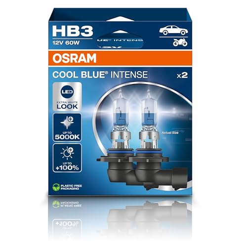 Osram COOL BLUE® INTENSE HB3, +100% more brightness, up to 5,000K, halogen headlight lamp, LED look, Hanging folding box (2 lamps)