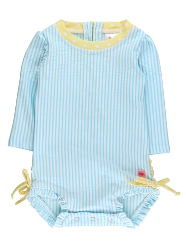 Image of RuffleButts Baby-Girls Seersucker Long Sleeve Rash Guard - One Piece Swimsuit UPF 50+ Toddler
