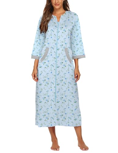 Image of Ekouaer Women Zipper Robe 3 /4 Sleeves Loungewear Dress Full Length Sleepwear Pockets Housecoat Nightgown Long Bathrobe