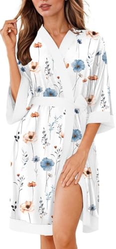 Image of Ekouaer Robes for Women Knee Length Bathrobe Lightweight Kimono Robe 3 /4 Sleeve Knit Sleepwear with Pockets