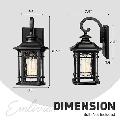 Emliviar Outdoor Wall Lanterns 2 Pack, 1-Light Exterior Wall Mount Light, Black Finish with Clear Seedy Glass, 2084B-2BK