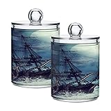 Blueangle 2 x Piratenschiff Qtip Halter Spender mit Deckel – Apotheker-Glasbehälter für Schminktisch-Organizer – Kunststoff-Frischhaltedosen (1004)