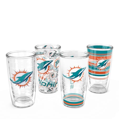 Tervis Classic Tritan 16oz Tumbler, Set of 4 | NFL® Miami Dolphins - Assorted | Made in America, BPA/PFAS Free, Keeps Drinks Hot or Cold