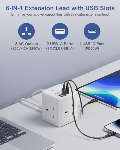 Extension Lead with USB Slots - 20W USB-C Fast Charger 3 Way Plug Extension with 3 USB (QC3.0/PD20W), Compact Cube Extension Lead for Home, Office, Dorm Room, 2M, 13A/3250W