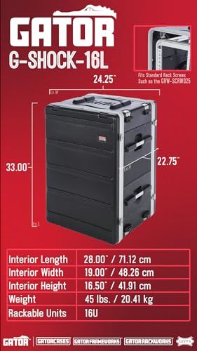 Gator Cases 16U Rack Case mit Gummi-Stoßdämpfern an jeder Ecke, schwarz (G-SHOCK-16L)