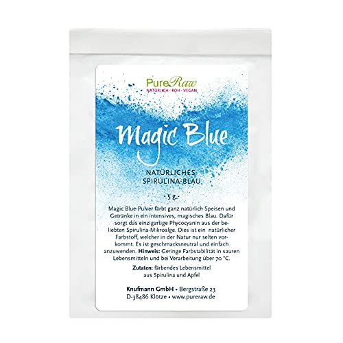 Magic Blue Spirulina-Pulver Blau Natürliche Lebensmittelfarbe (Roh Vegan) Dunkelblau bis Pastell Hellblau - Puderfarbe für Lebensmittel mit Algen-Phycocyanin - Natural Food Coloring | PureRaw 5g Cover