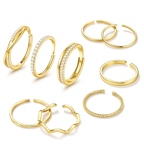 Jstyle Gold Stackable Rings for Women Non Tarnish Open Adjustable Rings Cubic Zirconia Thin Thumb Gold Ring Set 14K Gold Filled Pinky Knuckle Stacking Set - Dainty Statement Promise Band Ring Sets