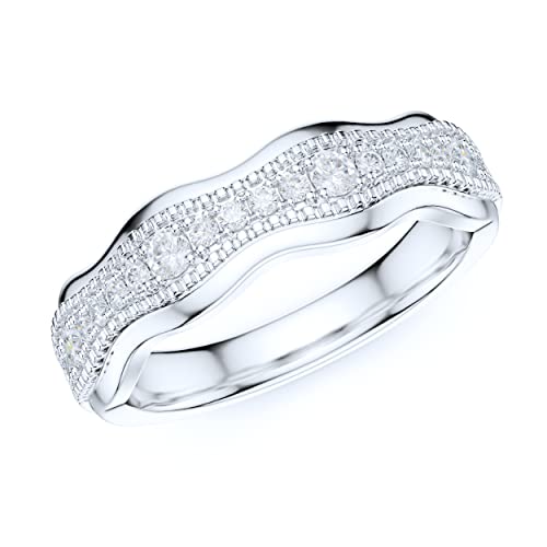 Sterling Silver Fancy Wave Shape Milgrain Simulated Round Brilliant Diamond or Genuine Moissanite Full Eternity Ring Wedding Band2