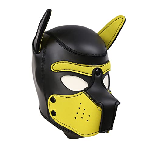 YiQin RWSX Hundemaske mit Kragen, Weiche Latex Petplay Hundemaske mit Ohren Welpenmaske Hunde Masken, Abnehmbarer Mund, Geeignet für Halloween, Urlaubsparty (XL, Gelb)