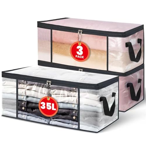 NEWSONA Lot de 3 Sacs de Rangement Vetement Transparente 35L – Boîte de Rangement Sous Lit/Armoire,Housse Rangement Couette Organisateur de Placard, Pliable...