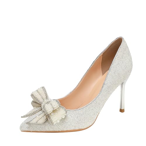Women's Bow Rhinestone High Heels, Satin Sequins Sparkly Stiletto Sandals Pointed Toe Pull on Pumps Dress Wedding Shoes