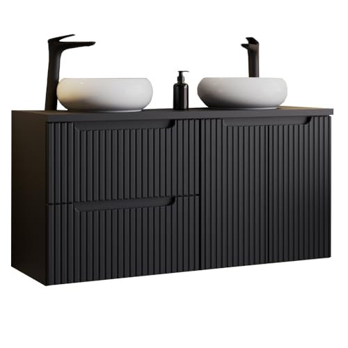 Lomadox Meuble de salle de bain double vasque 120 cm avec lavabo à poser, noir avec façade rainurée