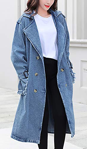 QZUnique Women Long Denim Jacket With Belt Jean Long Sleeve Trench Coat Button Down Casual Oversized Spring Tunic Outerwear3