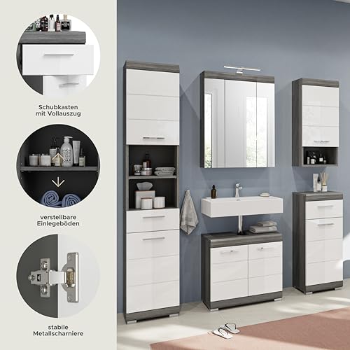 xonox.home Badezimmer Scout X06B2B15 5tlg. Kombination in Front weiß Hochglanz Korpus rauchsilber Nb.inkl. Beleuchtung