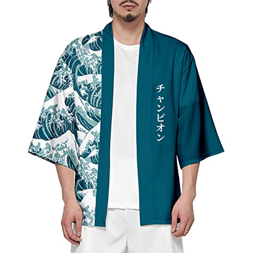 CIZEUR Sommerjacke Mode japanische Herren Jacke Strickjacke Paar Kimono Mantel lässig, L Green Waves