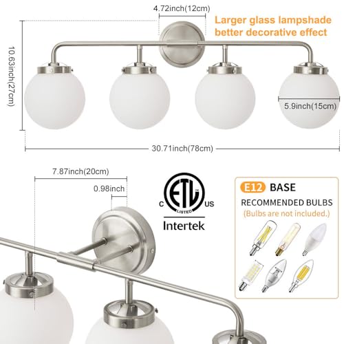 Image of Bathroom Light Fixtures Over Mirror, Brushed Nickel Modern Vanity Lighting with Milk White Glass Globe Shades 4-Light Farmhouse Wall Sconce