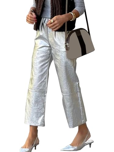 Women Long Pants Casual Straight-Leg Metallic Trousers Loose Stretchy Waist Business Office Pants with Pockets