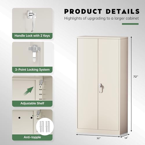 Image of Greenvelly Metal Storage Cabinet, Gray Locking Steel Cabinet with 2 Doors and 4 Adjustable Shelves, 71 inch Utility Metal Filing Cabinet with Lock for Home Office, Garage, Classroom