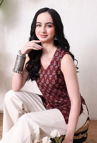 Image of MEERA FAB Women's Floral Printed Cotton Short Top | Floral Booti Printed Top Cut Sleeves | Short Kurti for Women