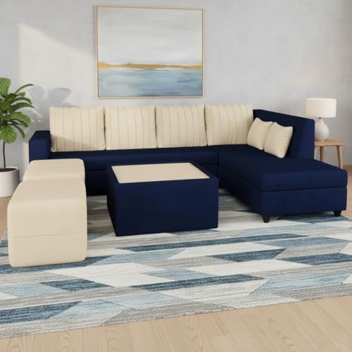 Image of CASASTYLE Stylify 8 Seater Fabric RHS L Shape Sofa Set with 1 Centre Table & 2 Ottoman (Cream-Dark Blue) 8-Person Seating with Premium Velvet Finish