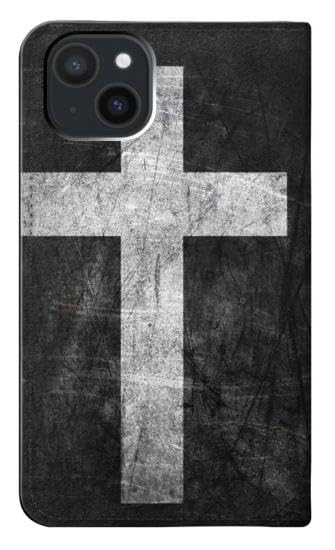 Étui iPhone 15 Plus cuir housse flip antichoc avec croix chrétienne