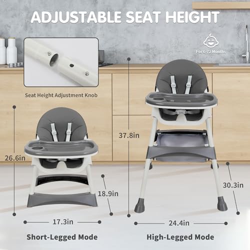 Baby High Chair, 6 in 1 Convertible High Chairs for Babies and Toddlers with 5-Point Safety Harness,Foldable High Chair for Space-Saving, Adjustable Dining Tray,Backrest & Height,Easy to Clean Surface