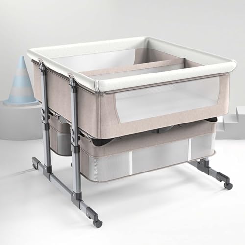 Cuna 4 En 1 con Ruedas Cuna con Cesta Portaobjetos Y Laterales De Rejilla Fácil De Montar Altura E Inclinación Regulables Adecuada For 0-24 Meses(Khaki)