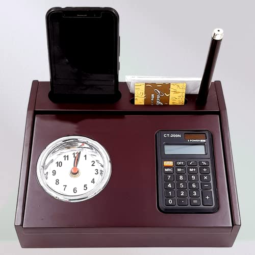 Image of All in One Multi Storage Wooden Desk Organizer for Office Table & Student Desk, Wooden Pen Stand for Office Table with Clock Calculator Drawer, Pen Holder & Mobile Holder Stand