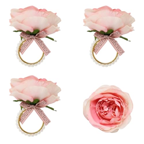 yueton Paquete de 4 servilleteros de flores rosas, elegantes servilleteros de perlas rústicas para bodas, cumpleaños, banquetes, aniversarios