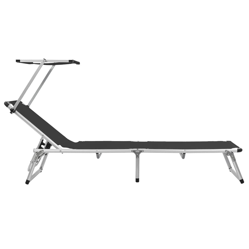 Klappbare Sonnenliegen mit Dach 2er Set aus Aluminium Textilene Schwarz verstellbar für Garten Balkon Terrasse Pool Strand Outdoor Camping