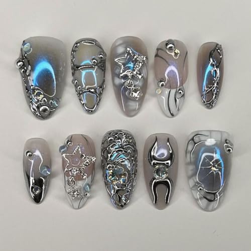 Silver Chrome Press on Nails Medium Almond Fake Nails Blue Nails Press ons with Liquid Metal Swirl Star Design Full Cover Stick on Nails for Women Manicure Reusable | Glue Tabs | Easy Apply | 24Pcs
