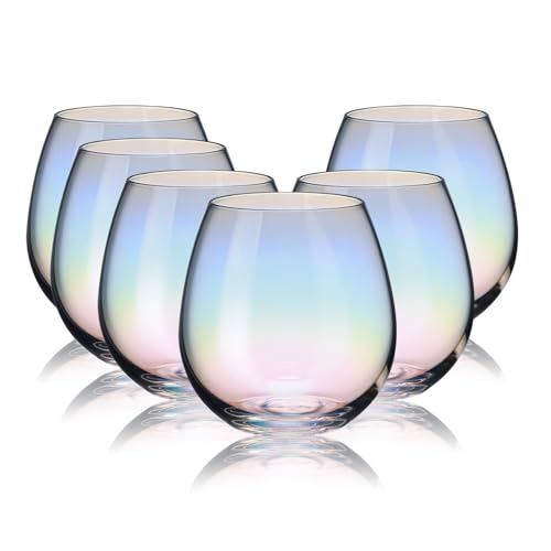 CUKBLESS Stemless Wine Glasses Set of 6, Iridescent Wine Glass for Red or White Wine, 15 Ounce