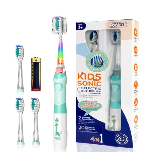 Elektrische Zahnbürste für Kinder, 3-12 Jahre, 2 Minuten Timer für gute Gewohnheiten, 4 weiche Ersatzköpfe, AAA-Batterie enthalten, farbige LED für Spaß beim Zähneputzen (Grün)