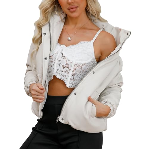 Women Faux Leather Down Jackets Outerwear for Women Long Sleeve Cropped Thick Warm Basic Winter Fall 20253