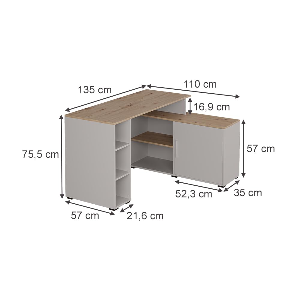 Vicco Biurko narożne "Rudy", Kaszmir, 135 x 110 cm | z półkami, pour une conception flexible de l’espace de travail et l’utilisation du rangement