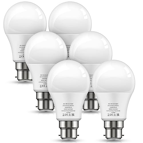 LOHAS-LED Bayonet Light Bulb, 9W B22 LED Bulbs Cool White 6000K, 60W Equivalent Light Bulbs Bayonet, 820LM, Non Dimmable, Energy Saving Light Bulbs, 6 Pack