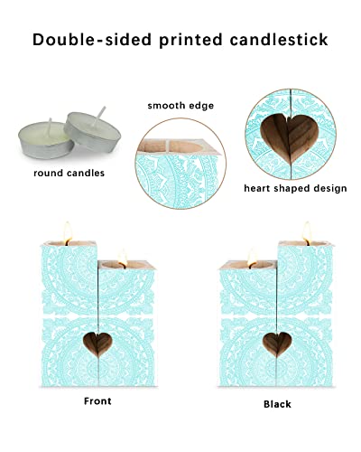 Aqua Mandala Candle Holder Set, Wooden Pillar Candle Stick Candle Holder, Tall Tealight Unity Menorah Candlestick, Abstract Paisley Floral Retro Bohemia Style Personalized Gifts For Momen/Men Wedding #TOP1