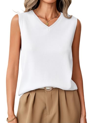 Magibag Women's Sleeveless Sweater Tank Tops 2026 Summer V Neck Ribbed Knit Tops Casual Loose Fit Tank (X-Large, White)