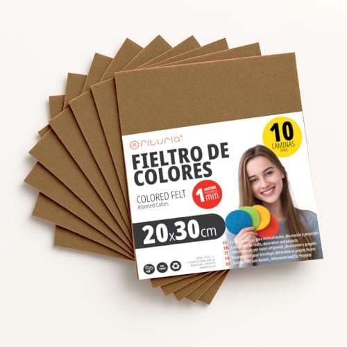 OFITURIA Fieltro para Manualidades DIY, Láminas de Tela de Colores Suaves y Flexibles para Costura, Patchwork, Proyectos Escolares, Arte Textil y Decoración 20x30cm (Marrón, 10 uds)