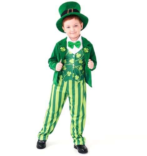DLSNZ Kids Boys St. Patrick's Day Leprechaun Costume Irish Green Outfit with Lucky Hat (Green, Small)
