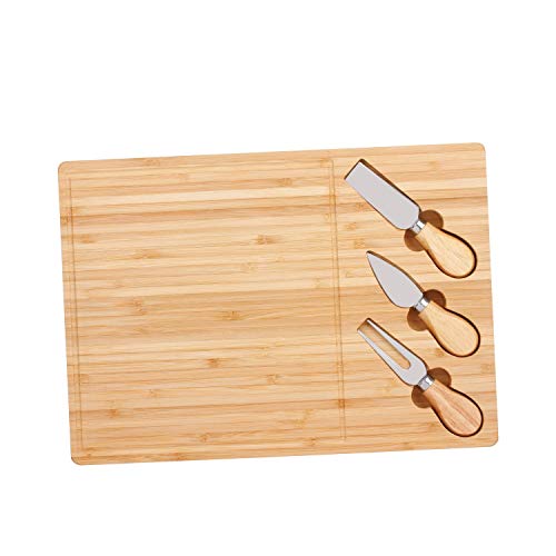 Thirsty Rhino Branza, Solid Wood Cheese Board Serving Plate with 3 Piece Knife Set, Bamboo (Set of 1)