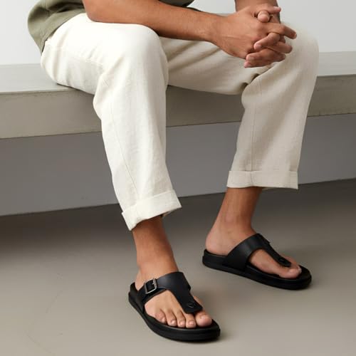 Image of BRUTON Men's STRIVO-1141 Wedge Sandals | Adjustable Buckle Toe Ring Comfort Sandals | Lightweight Cushioned Footbed | Anti-Slip Casual Outdoor & Daily Wear Footwear | Black