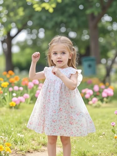 Girls Flutter Sleeve Dress, White with Pink Roses Print Dress, Empire Waist，4-7Y2