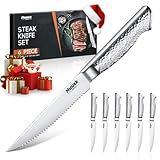 Huusk Japanese Steak Knives Set of 6-4.5" Serrated Steak Knife Set Dishwasher Safe, Stainless Steel Steaks Knives, One-Piece Structure with Anti-slip Handle, Christmas Gifts for Men Women