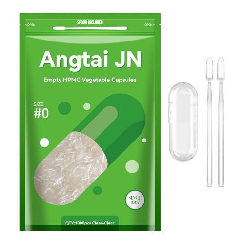 Angtai JN Gélules Vides Végétales à Remplir Taille 0 (1000 unités) Capsule Vide avec Micro Cuillère,Certifié Casher,Halal,Empty Capsules Compatible avec...