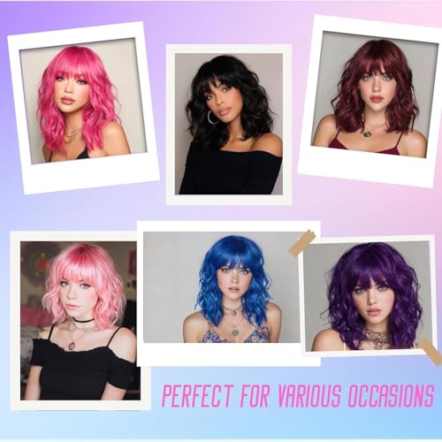 Perruque rose frange sangles réglables cheveux synthétiques