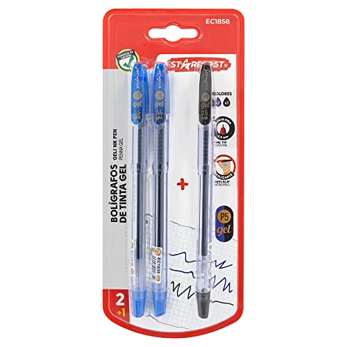 Starplast PACK 3 BOLÍGRAFOS GEL Tinta gel, punta 0.5mm, precisión, colores 2 azul y 1 negro, con tapón, pack ahorro, para uso escolar o de oficina.