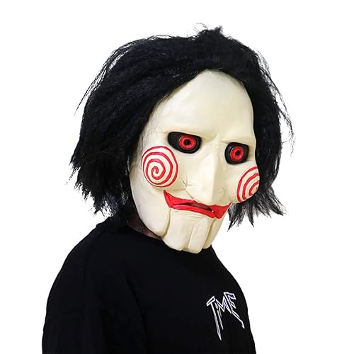 Claofoc Saw Maske Horror Killer Jigsaw Maske Halloween Gruselige Vollkopf Billy Clown Masken Mit Haaren Karneval Latex Cosplay Saw Kostüm