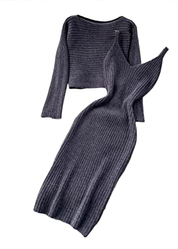 shownicer Damen Strickkleid Zweiteiliger Anzug Pullover Oberteil und Kleid Bodycon 2 Stück Set Sweater Midikleid Pullikleid Gestrickt Kleid Set A...